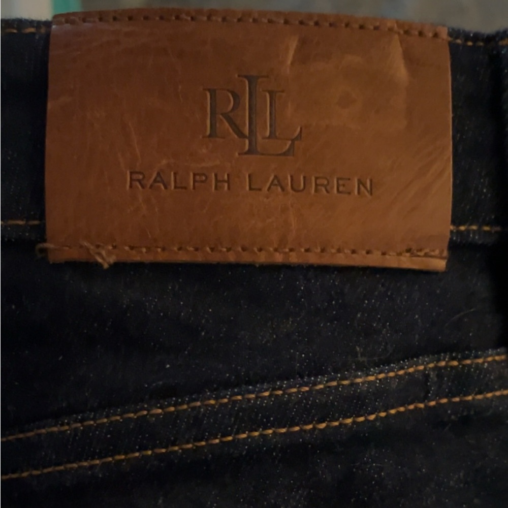 Ralph Lauren mid length dark wash denim skirt with Tan Label